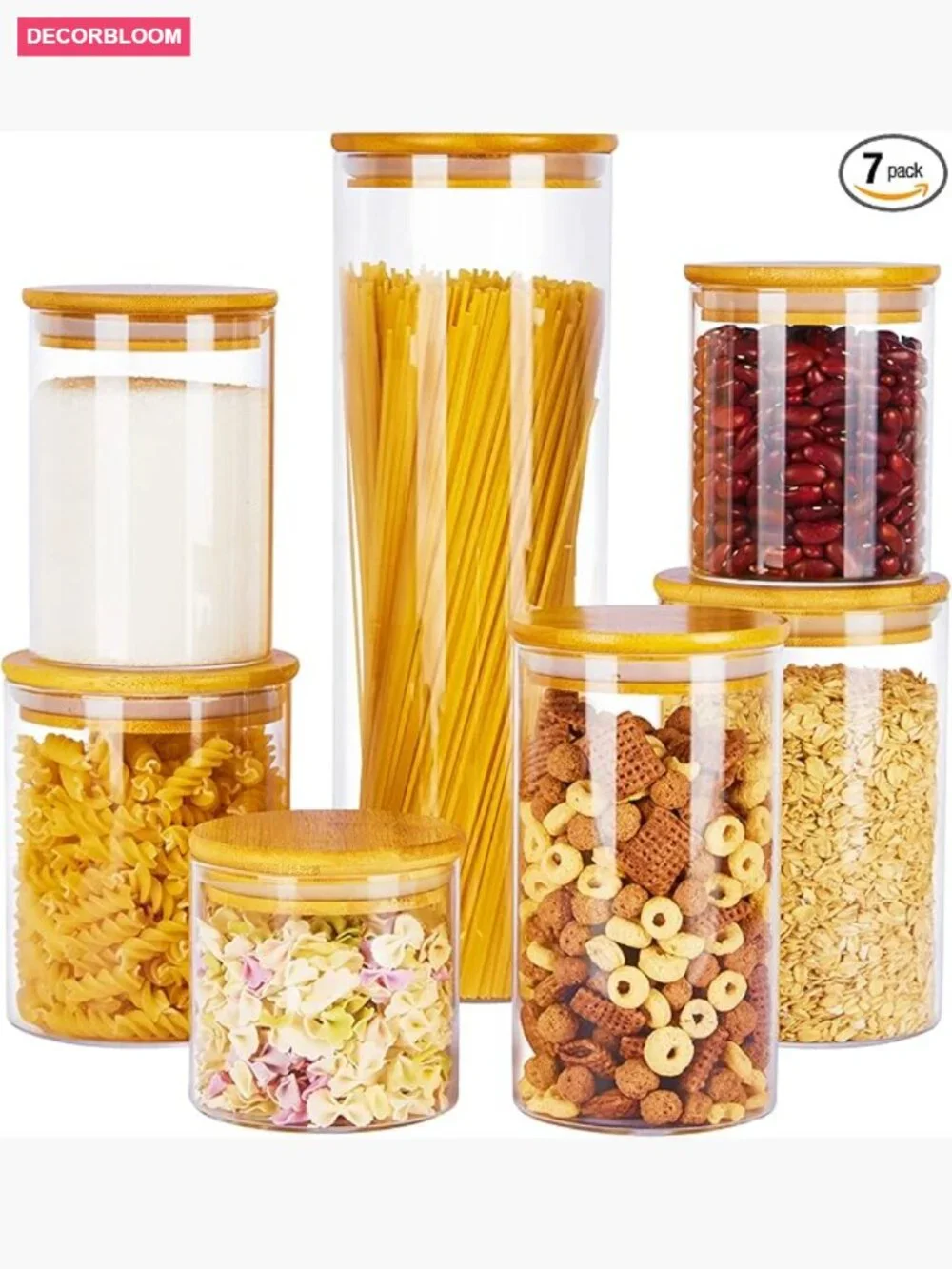 7 Pack Glass Food Storage Jars Bamboo Lids Airtight Containers